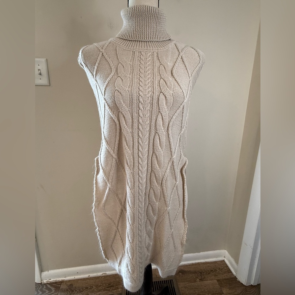 Beige tan chunky cable knit poncho sweater cape shawl SZ S/M